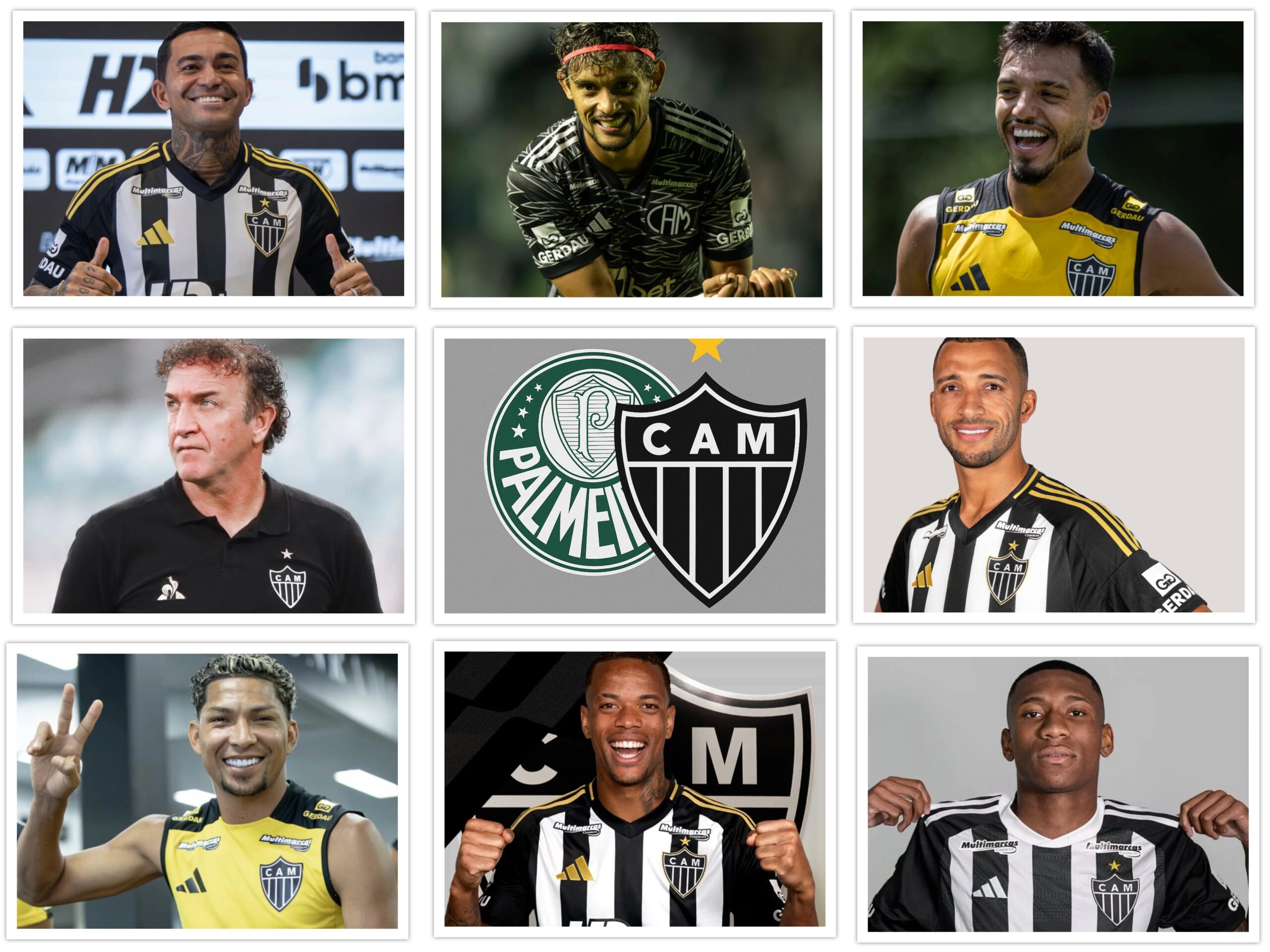 Imagem mostra mosaico com fotos de sete ex-jogadores do Palmeiras e o técnico Cuca. Ao cento, escudos do Atlético-MG e do Palmeiras